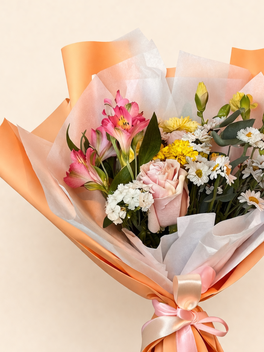 Ramo de rosas y flores de estación chico