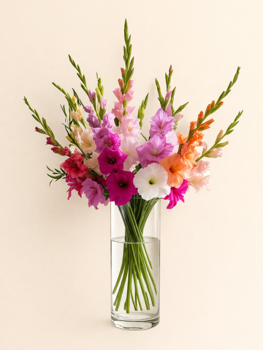 Gladiolos y Conejitos en Florero — Arreglo Floral