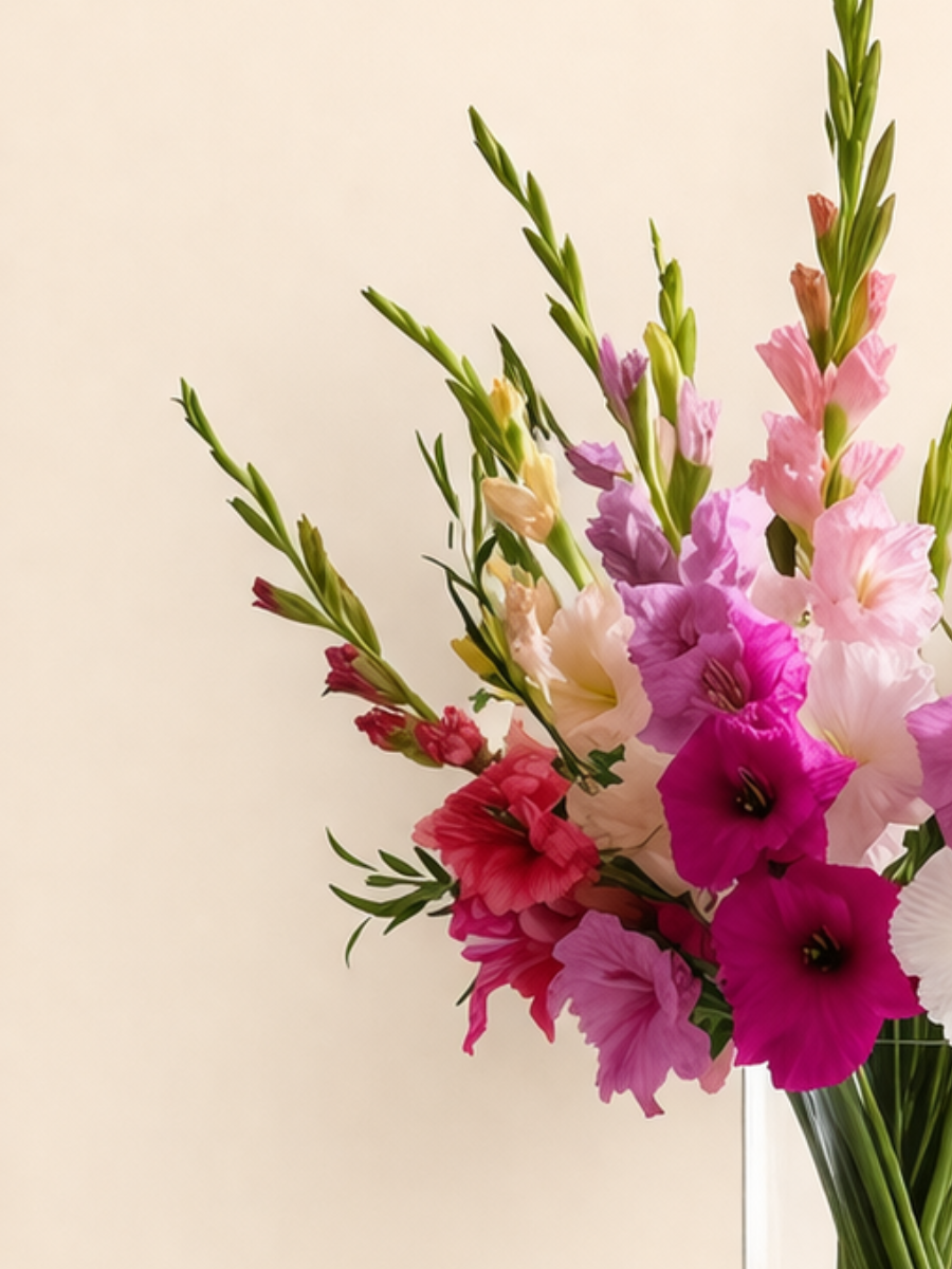 Gladiolos y Conejitos en Florero — Arreglo Floral